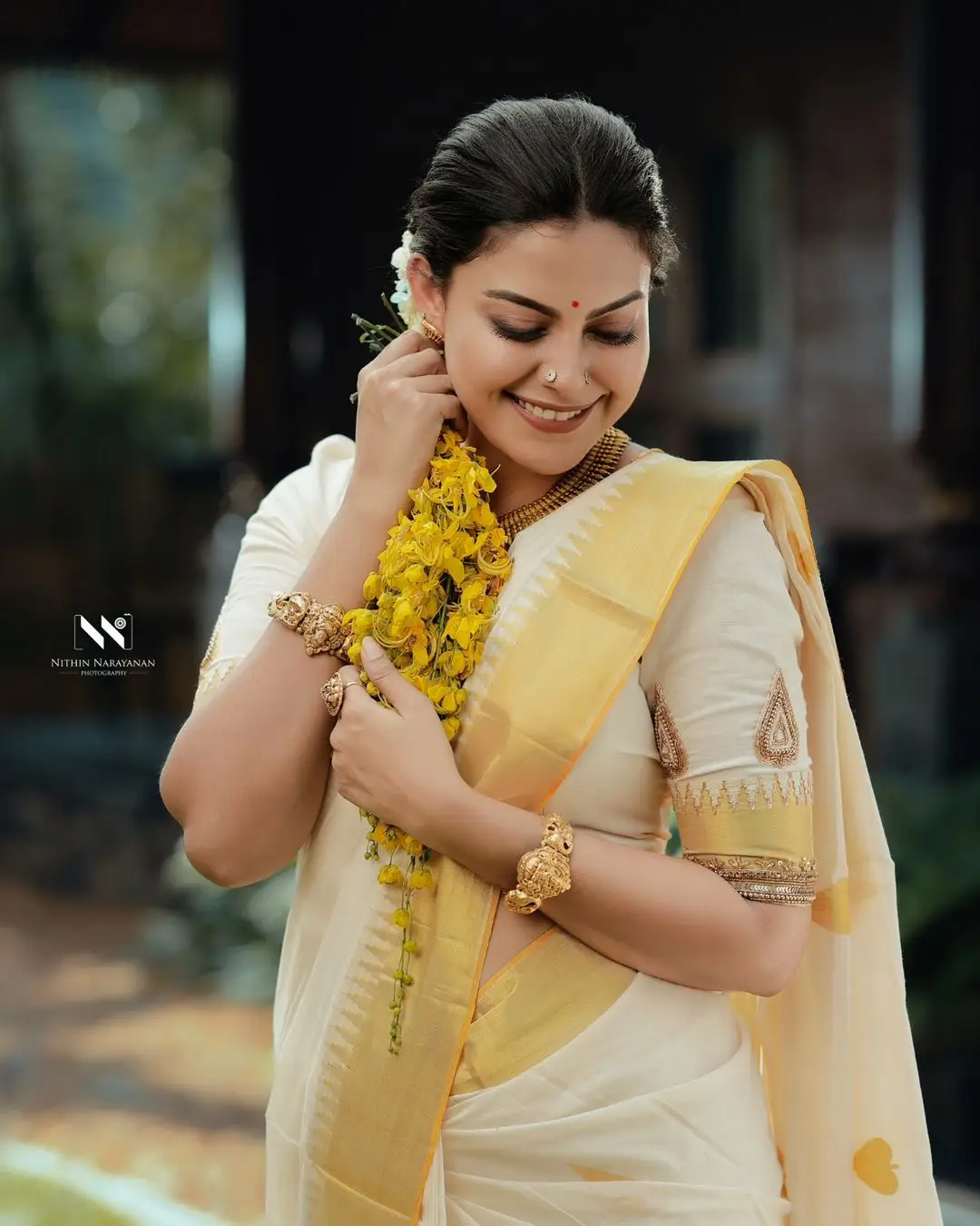 Anusree Nair In South Indian Traditional White Saree Blouse